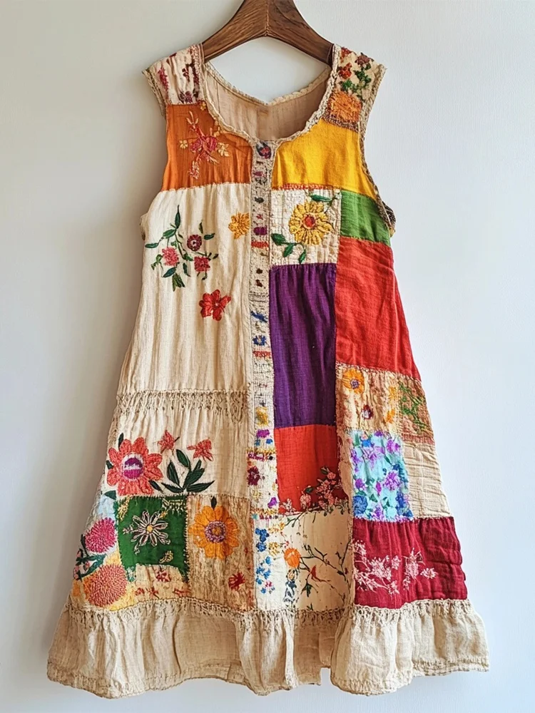 Boho Floral Patchwork Art Linen Blend Dress