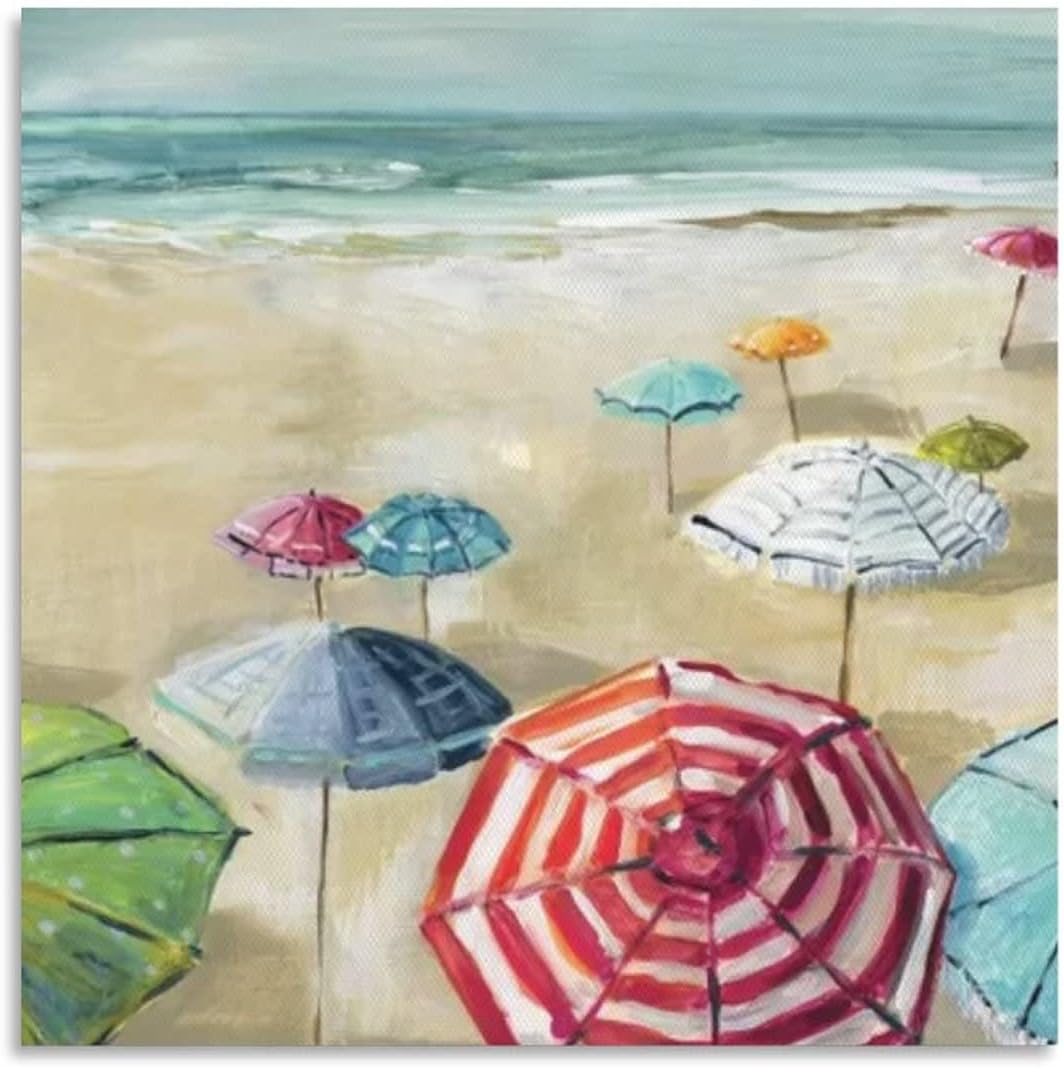 Posters Beach Umbrella Wall Art Colorful Seascape Wall Art Coastal Pictures Canvas Prints Pictures for Living Room Bedroom Decor 20x20inch(50x50cm) Unframe-Style 20x20inch(50x50cm)