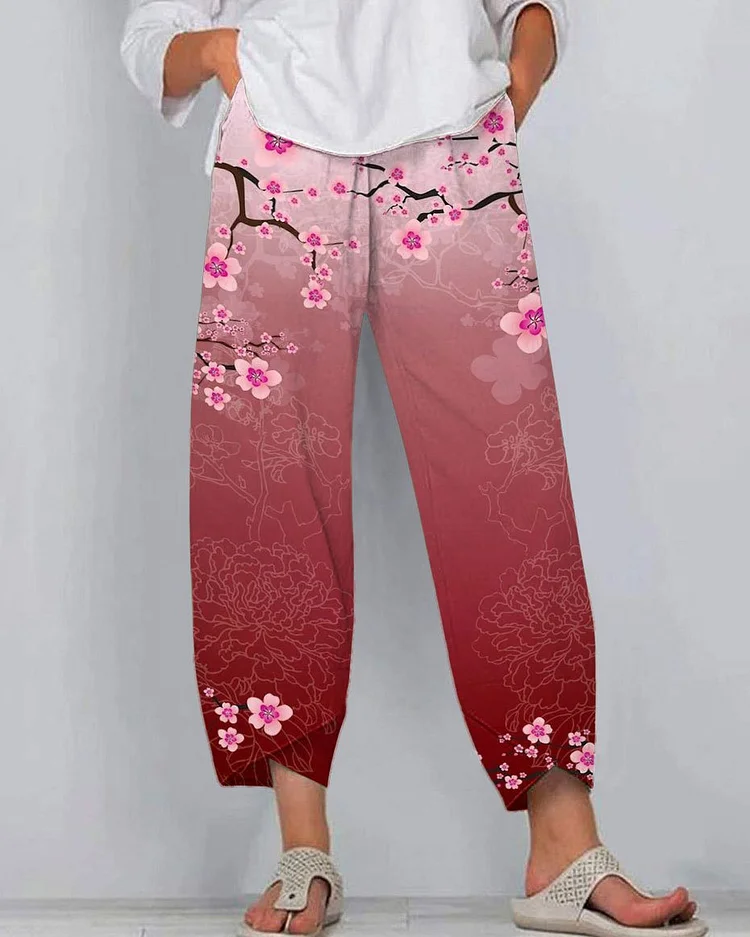 Pink Peach Blossom Stitching Casual Pants