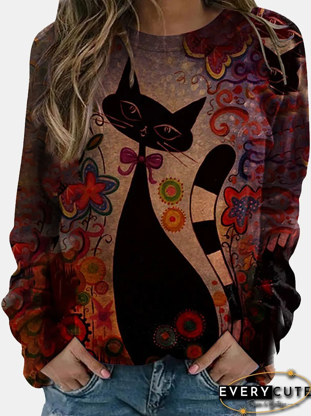 Cat Calico Printed Long Sleeve O neck T shirt For Women P1762569