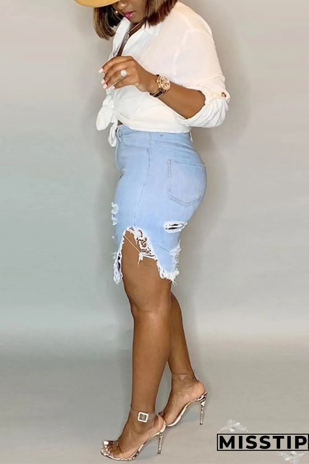 Light Blue Fashion Casual Mid Waist Jeans