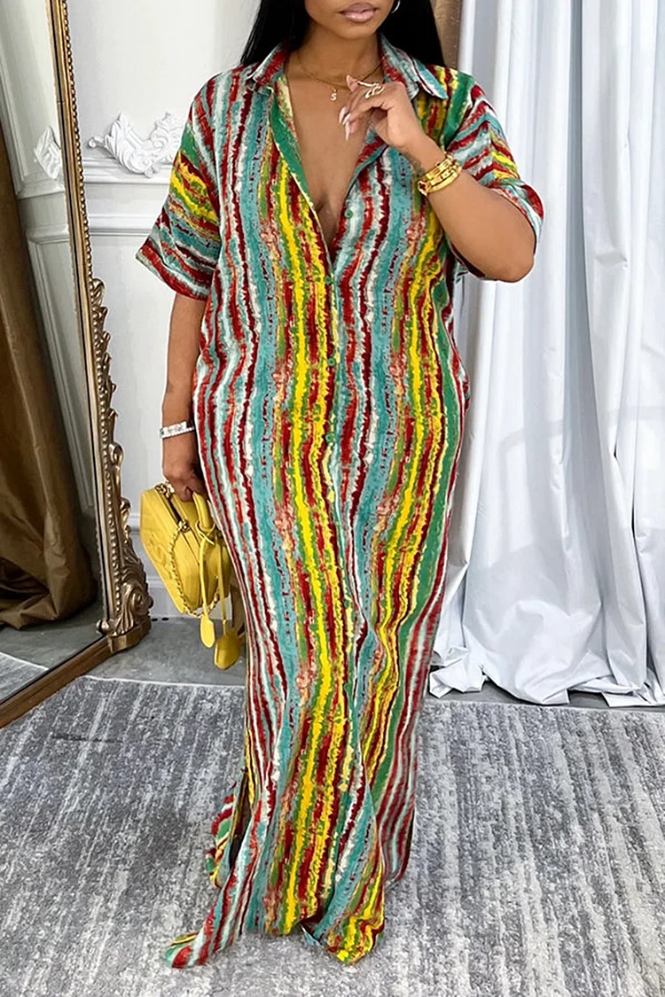 Plus Size Vacation Rainbow Casual All Over Print Shirt Collar Short Sleeve Maxi Dresses [Pre-Order] 2024 - Xpluswear