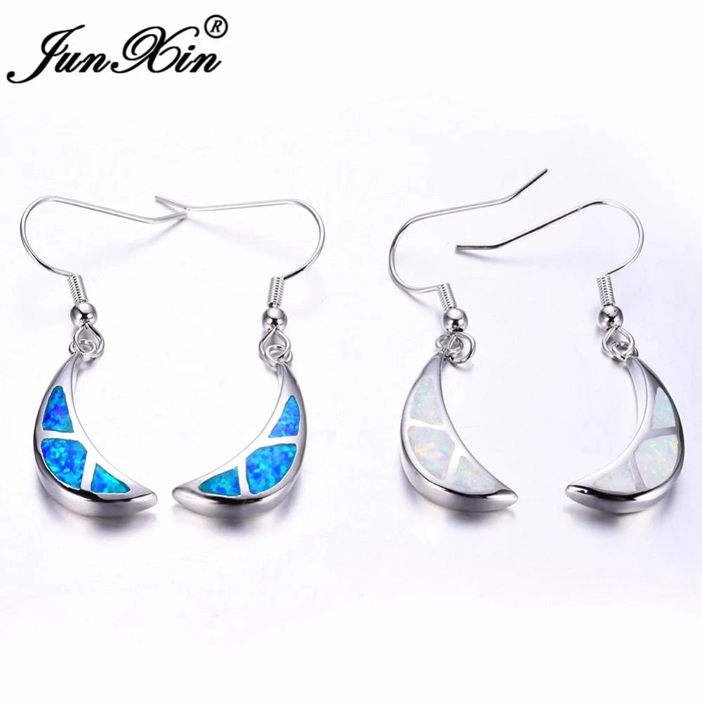 JUNXIN Fashion Female Moon Dangle Earring White & Blue Fire Opal Earring Silver Color Drop Earrings For Women