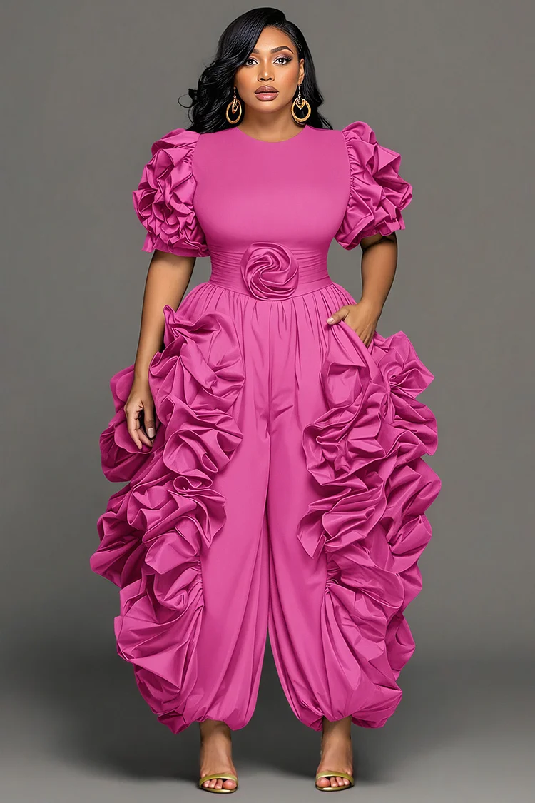 Xpluswear Design Plus Size Wedding Guest Hot Pink Round Neck Short Sleeve 3D Pocket Jumpsuits [Pre-Order] 2024 - Xpluswear