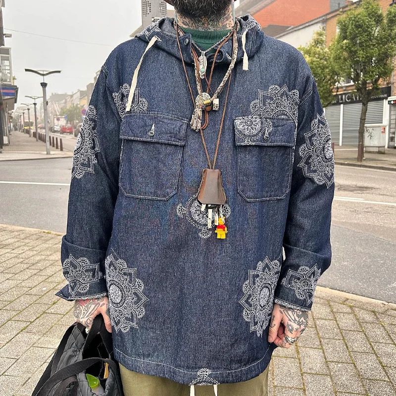 Retro Denim Totem Print Hooded Pullover Jacket