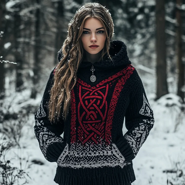Women's Viking Totem Celtic Knot Retro Pocket Hooded Sweater