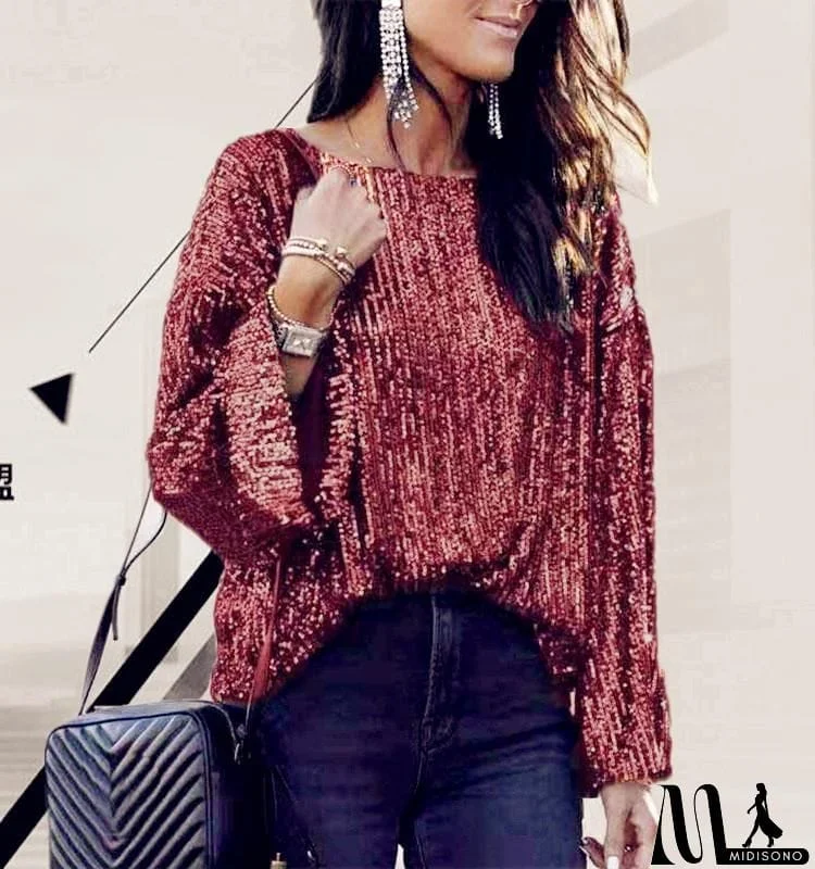 MidiSono - Round neck sequins simple shirt