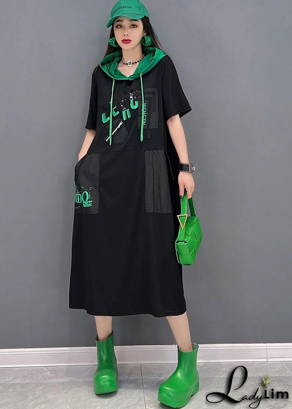 Casual Black Colorblock Hooded Cotton Sweatshirts Dress Short Sleeve