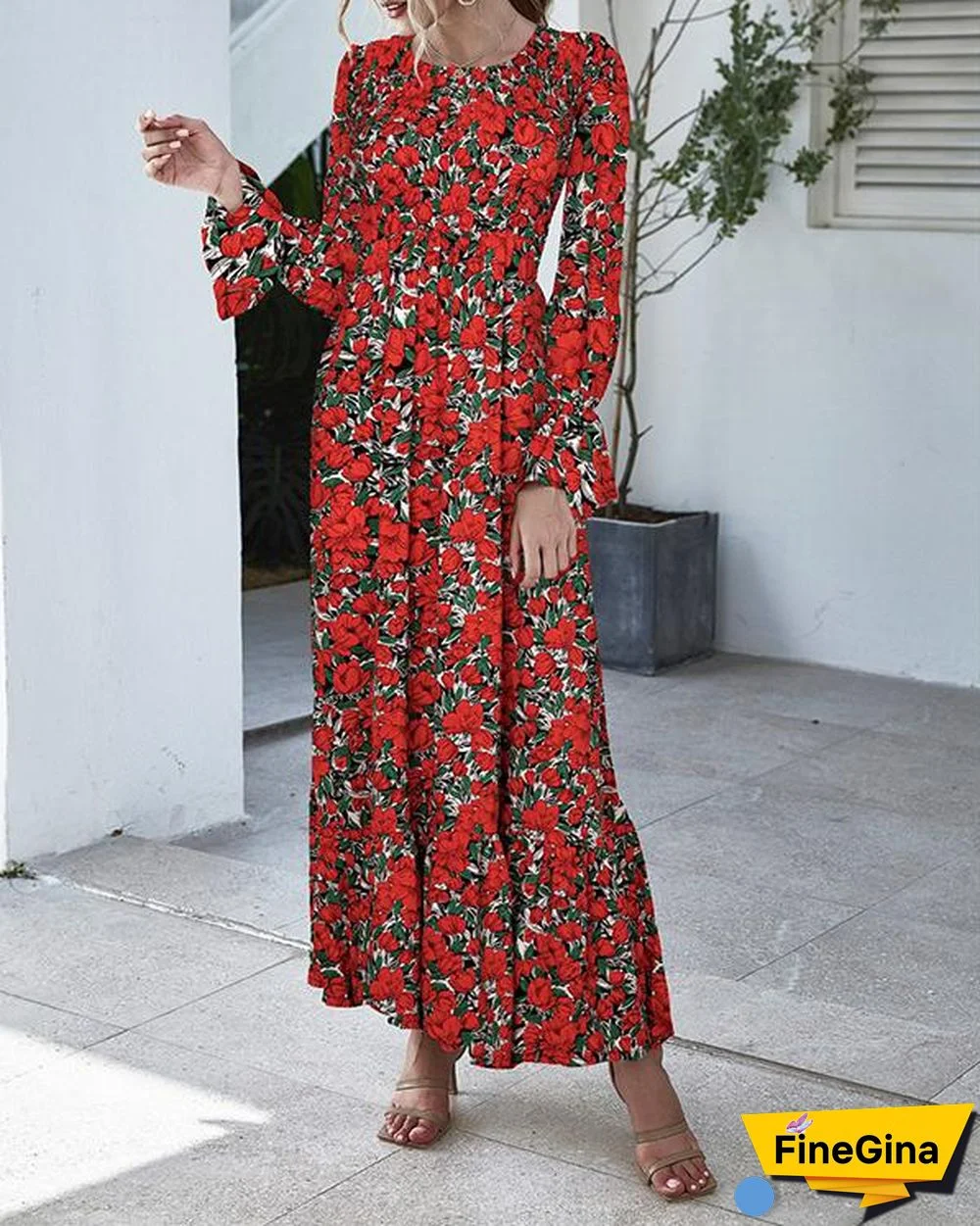 Floral/Dot Print Flare Sleeve A-Line Ruffle Hem Maxi Dress