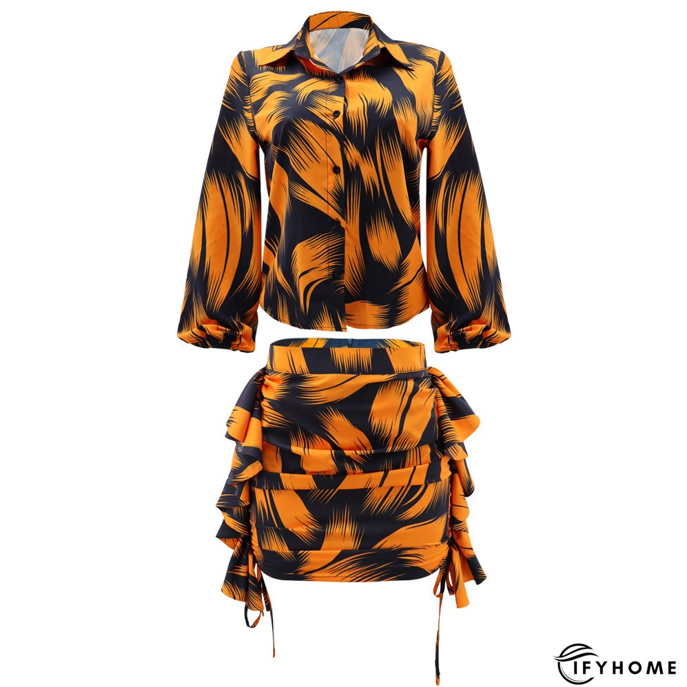Printed Puff Sleeve Shirt Short Skirt Plus Size Two-Piece Set | IFYHOME