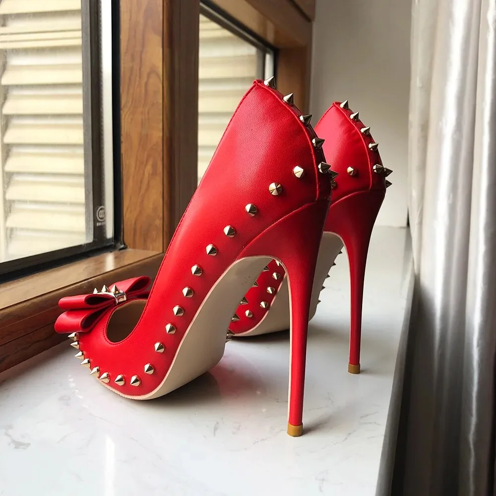 Breakj Red Matte Women Pointy Toe High Heel Shoes with Bow Sexy Spikes Rivets Stiletto Pumps 8cm 10cm 12cm Colors Customize