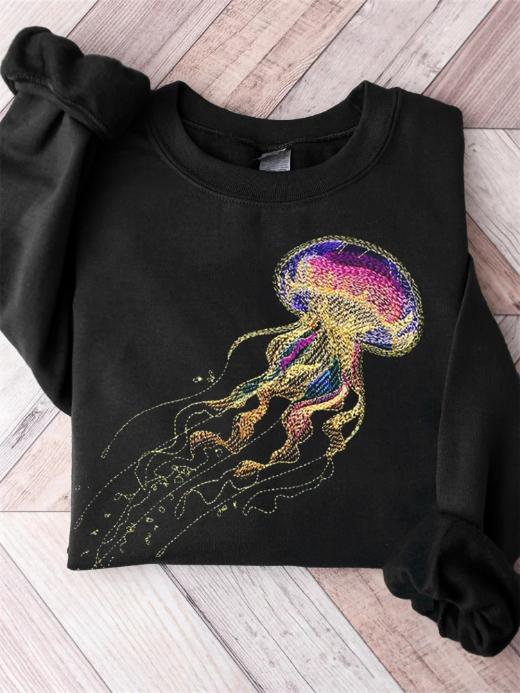 Colorful Jellyfish Embroidery Art Comfy Sweatshirt