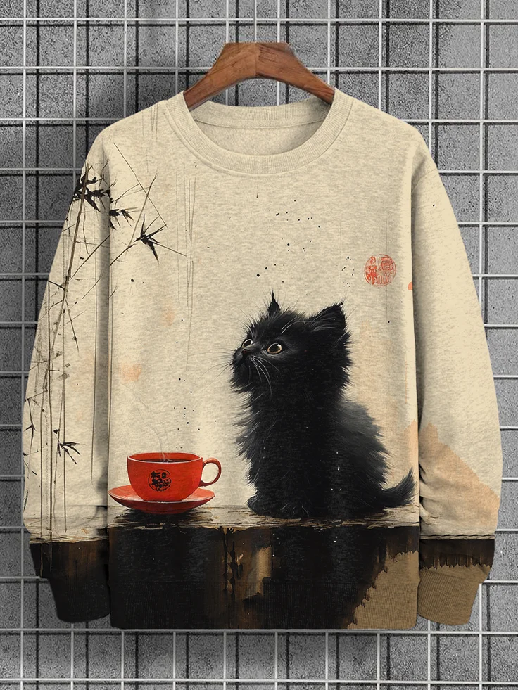 Men's Black Cat And Tea Vintage Japanese Art Print Casual Sweatshirt