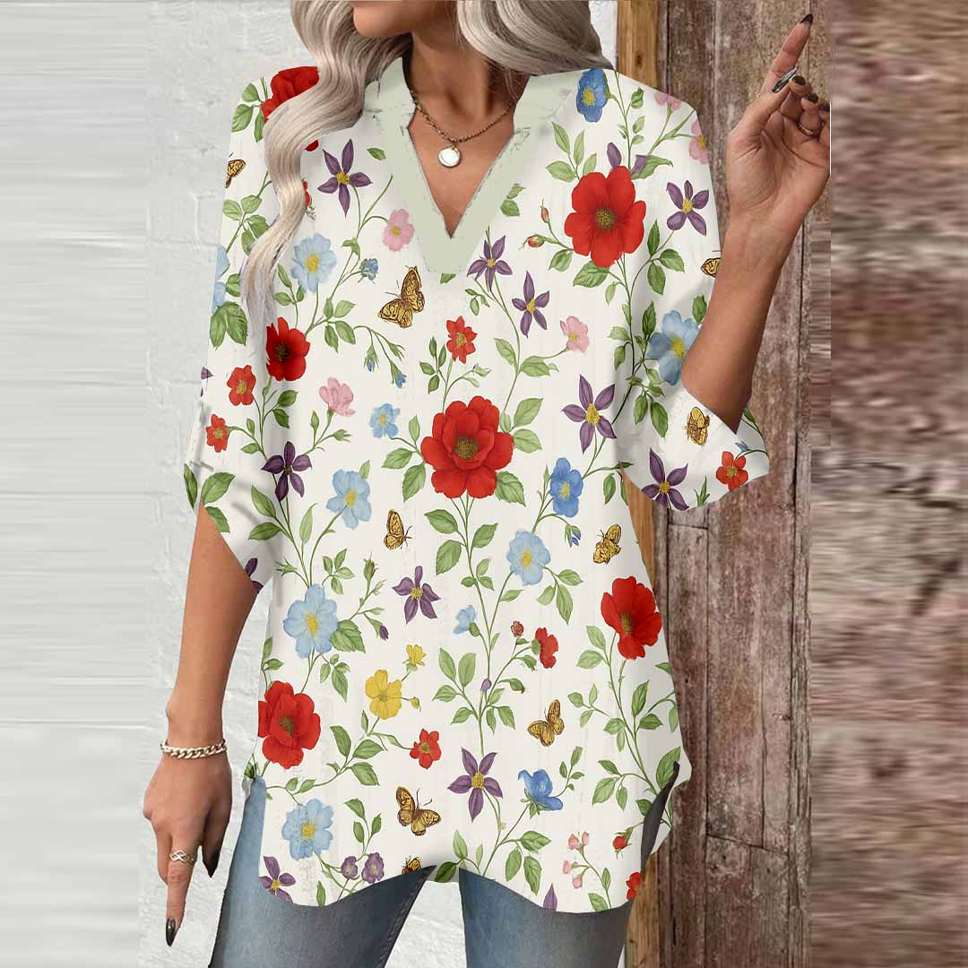 Women Floral,Red,Blue DZGA0257 3/4 Sleeve V-neck Printed Graphic Button Tops