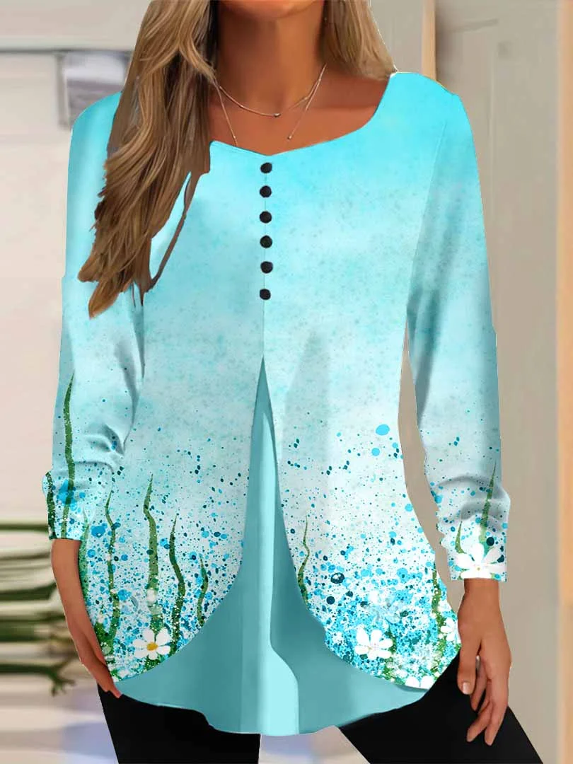 Women Floral,Blue DZGG8361 Long Sleeve Scoop Neck Printed Graphic Button Fake 2in1 Tops