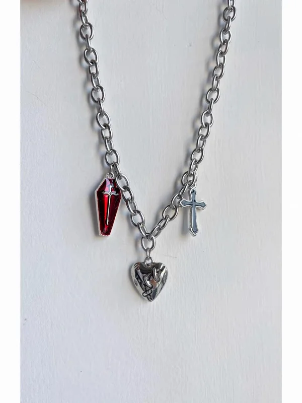 Goth Silver Choker with Heart & Tomb & Cross Pendants-mysite