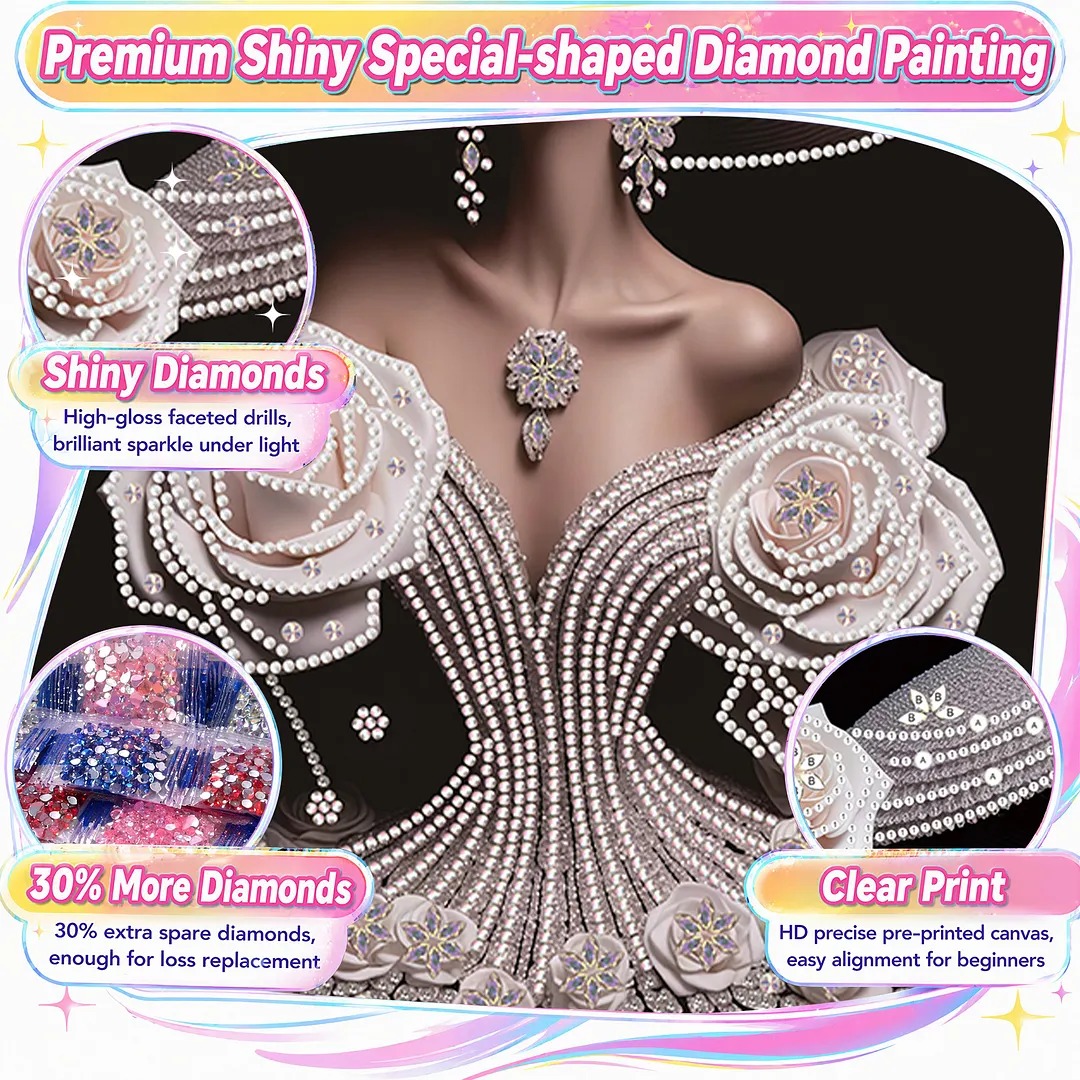 Pearl Rose Evening Gown Lady Special Shaped 5D DIY Partial Drill Diamonds Dots Gem Art Kits 11.81x15.75Inch Diamond Dots Paintings Diamonds Paintings Gem Art for Adults Beginners Home Decor
