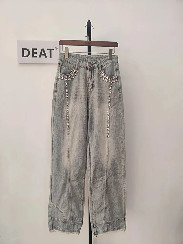 Wongn Women's Jeans Diamond Spliced High Waist Long Loose Straight Wide Leg Burrs Denim Pants 2024 Summer New Fashion 29L2711
