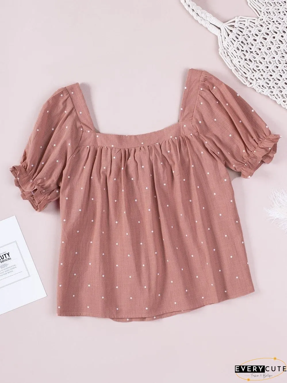 Pink Polka Dot Square Neck Puff Sleeve Blouse with Tie Back