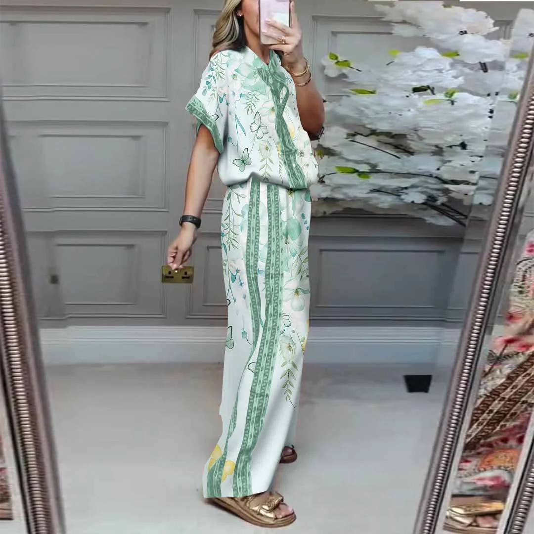 Women Floral, Green, Yellow DZDL1147 V-neck Short Sleeve Blouse and Pants Set