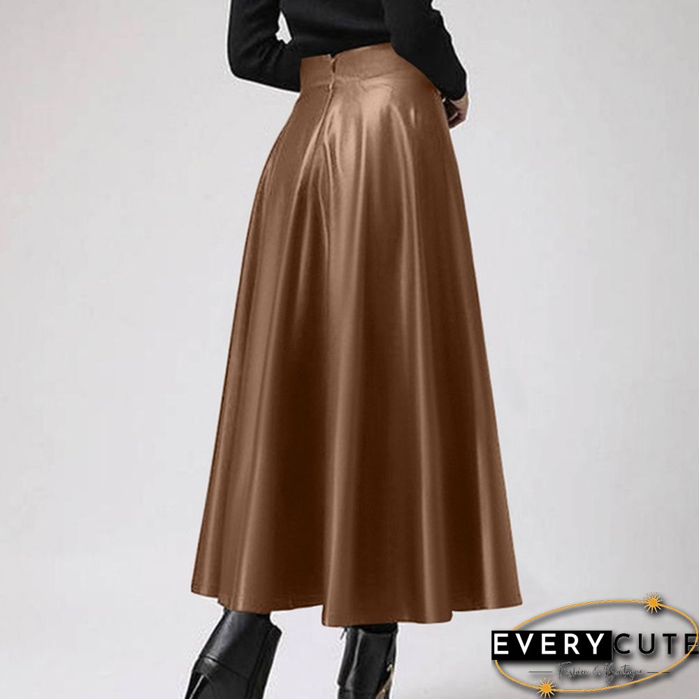 S- Women Faux Leather Vintage Maxi Long Skirts High Waist Pleated Big Swing Skirt Dress
