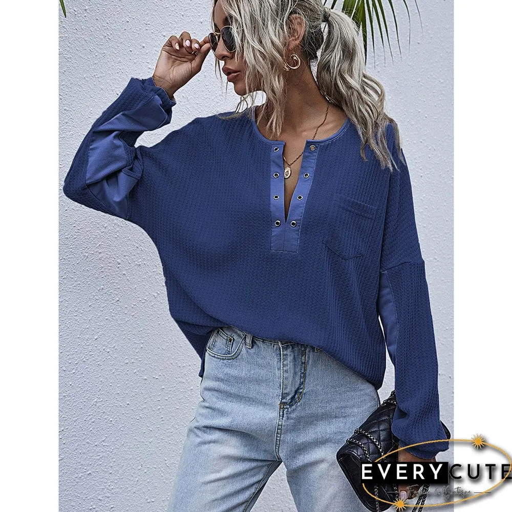 Navy Blue Waffle V Neckline Pocket Long Sleeve Tops