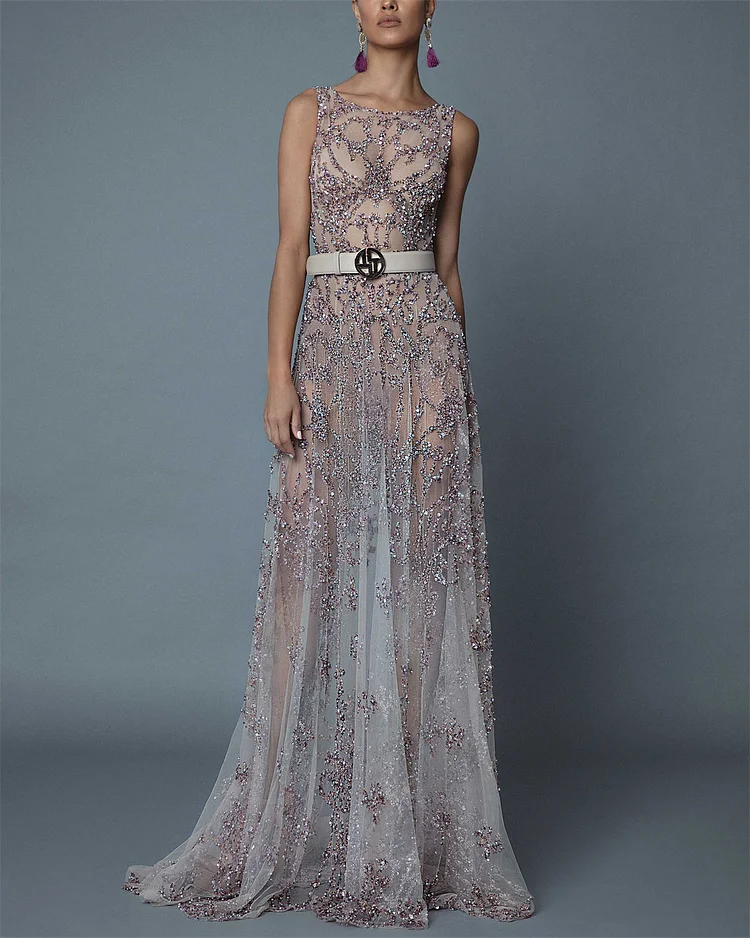 Fashion Round Neck Sleeveless Sequined Mesh Dress