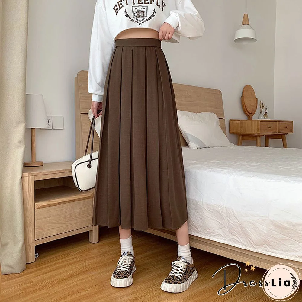 Vintage Pleated Midi Skirt Fashion High Waist Gothic Skirt Women Spring Casual Korean A-line Elastic Solid All-match Skirt New