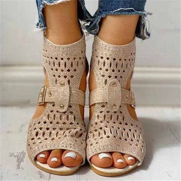 Women Summer Sandals Studded Hollow Out Peep Toe Buckled Sandals