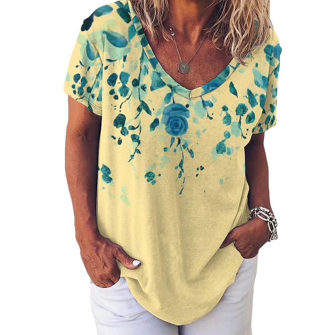 V-neck Short Sleeve Casual T-shirt for  Women Printed with Pattern Yellow, Floral