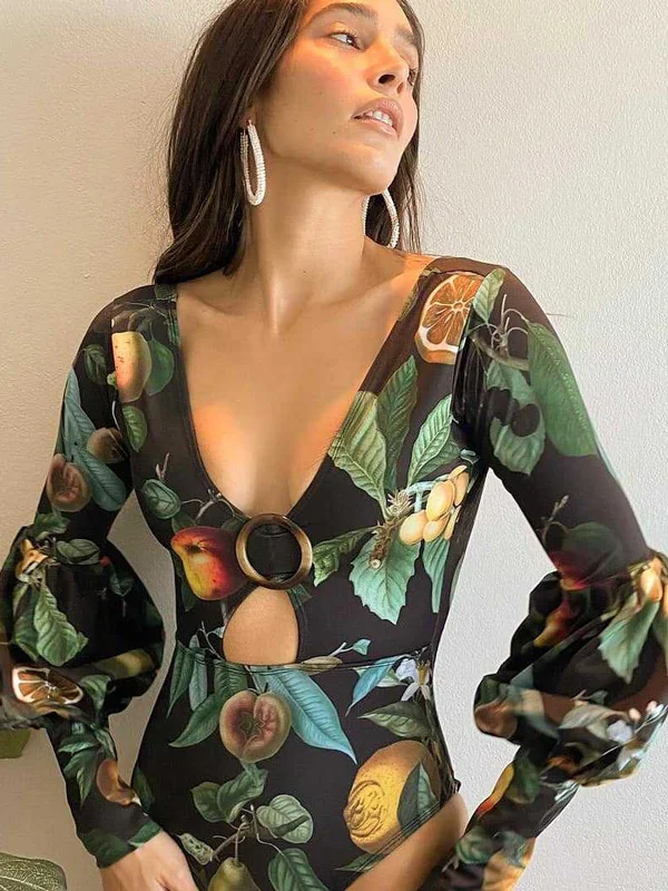 Floral Deep V-Neck Backless Hollow One-Piece Swimwear