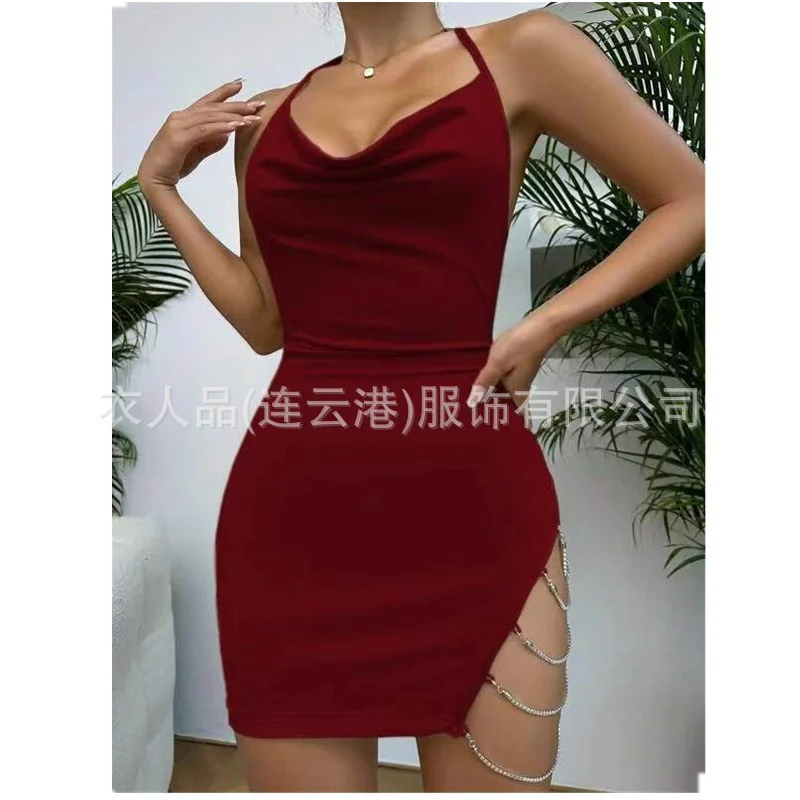 Uveng New Women's Hot-Selling Back Sexy Hollow Open Bag Hip Dress Chain Hanging Dress Suit