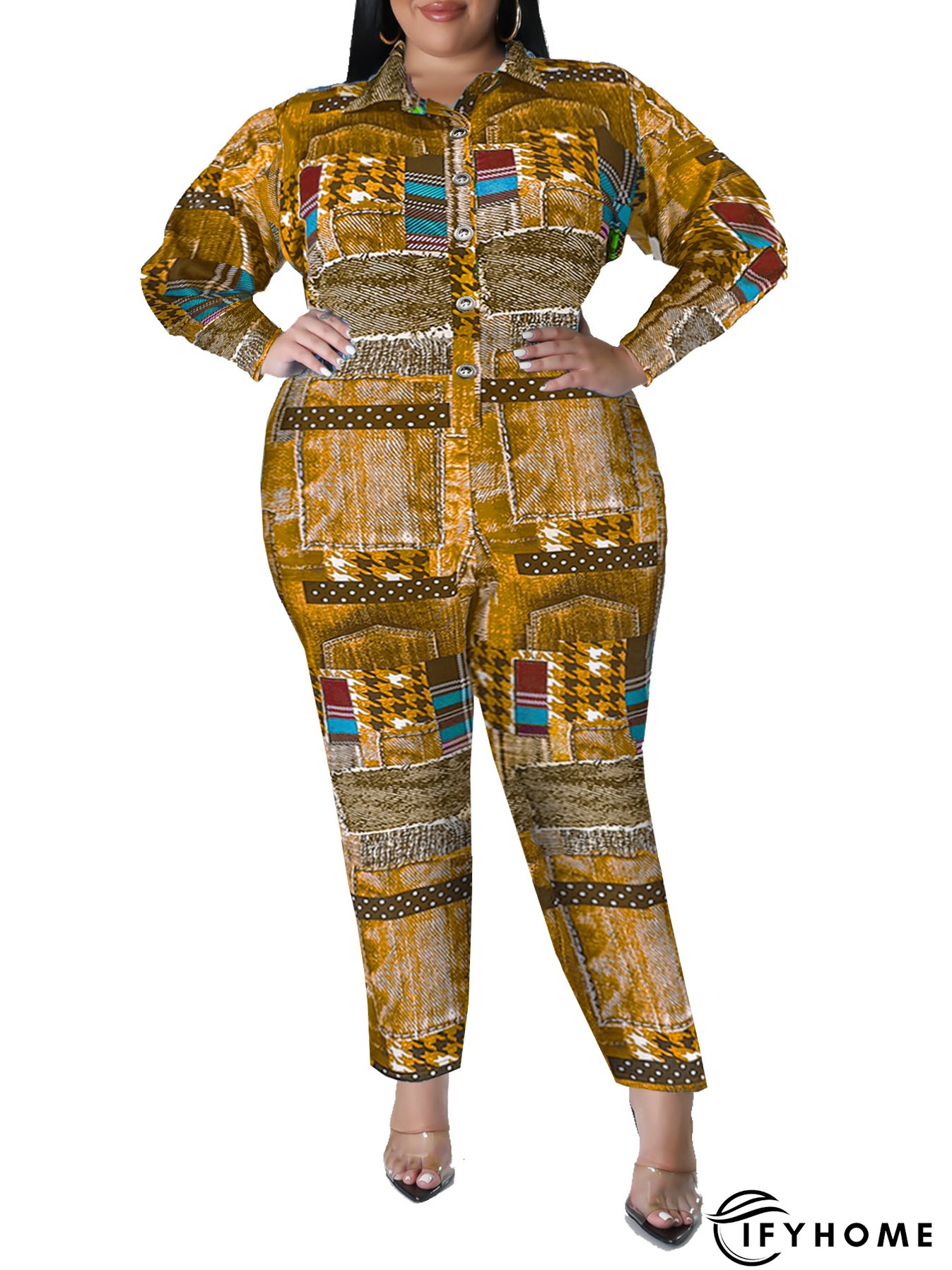 Plus Size Women's Fall Print Long Sleeve Jumpsuit | IFYHOME