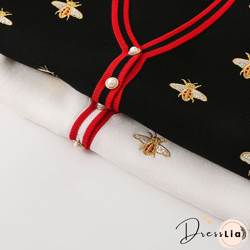 High Quality Fashion Designer Bee Embroidery Cardigan Long Sleeve Single Breasted Contrast Color Button Knitted Sweater