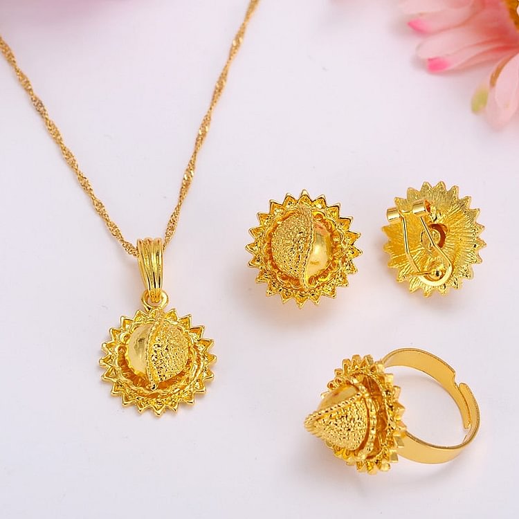 24k Ethiopian Gold Jewelry Sets Earrings Pendant Ring