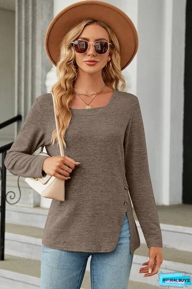 Slit Decorative Button Square Neck T-Shirt