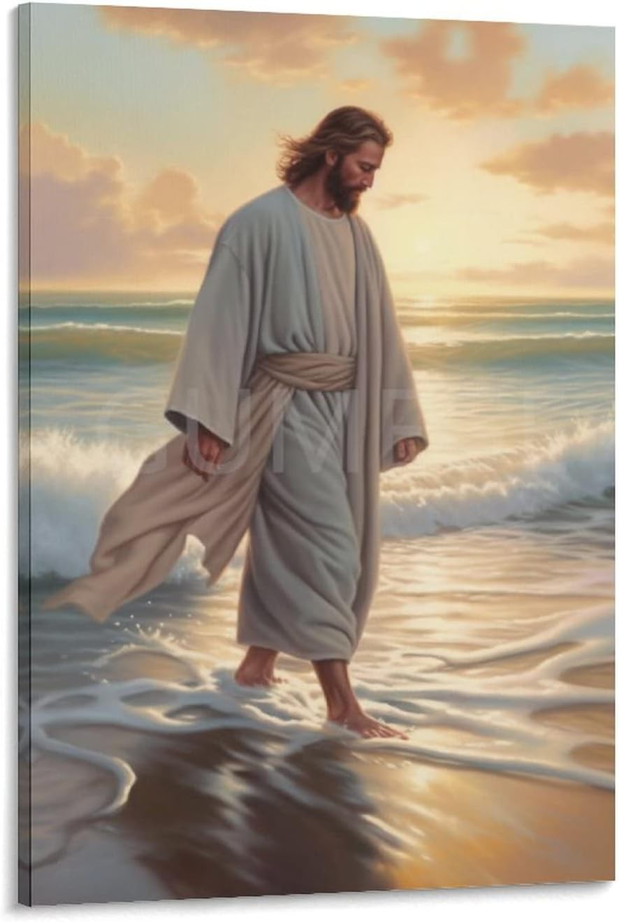 GUMEGE Jesus Walking Along The Beach Sunday Evening Religious Poster Picture Art Print Canvas Wall Home Living Room Decor Boys Women Gift -LYYUI 08x12inch(20x30cm) 08x12inch(20x30cm)