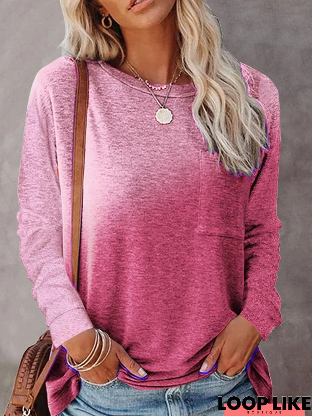 Round Neck Gradient Color Casual Loose Long-Sleeved T-Shirt