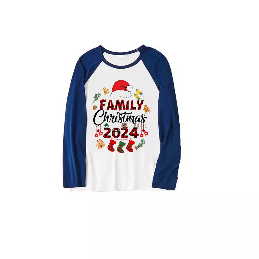 Santa Hat and "Family Christmas 2024" Text Print Blue & Black Plaid Christmas Family Matching Pajamas