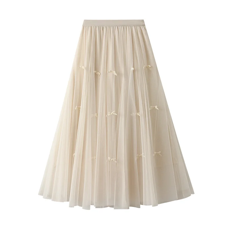 Nigikala Nigikala Gentle Fairy Design Feeling Bow Net Autumn Winter Display Thin Waist Half Body Skirt 0883