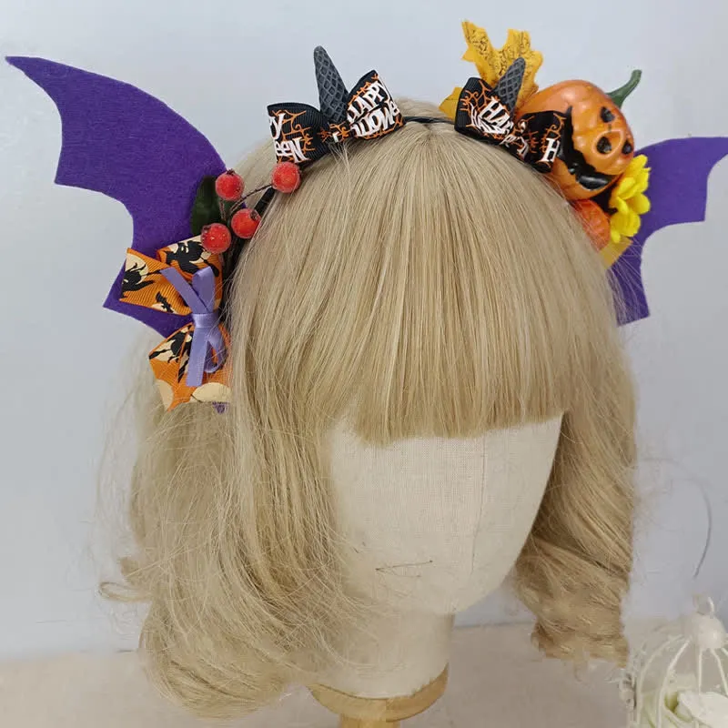 Gothic Pumpkin Bat Wings Headband Halloween Hair Accessory