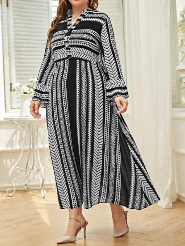 Buttoned Printed Split-Joint Flared Sleeves Long Sleeves V-Neck Maxi Dresses