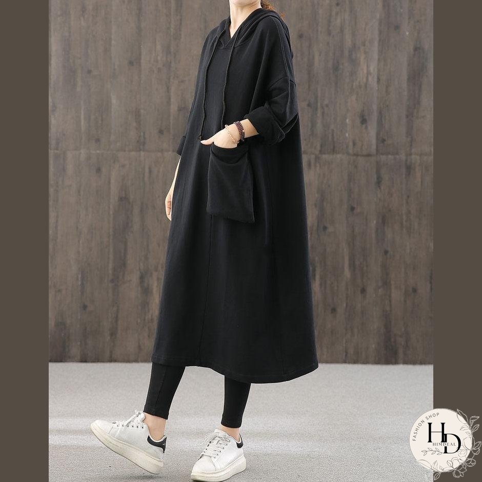 Women hooded pockets fall quilting dresses Wardrobes black loose Dresses