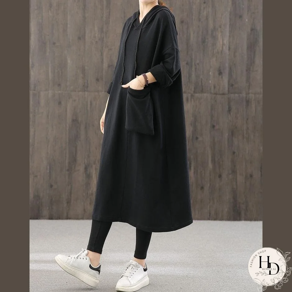 Women hooded pockets fall quilting dresses Wardrobes black loose Dresses