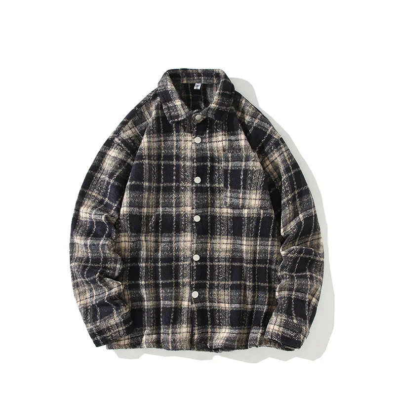 Men's Retro Woolen Shirt Long Sleeved Loose Plaid Shirt Jacket