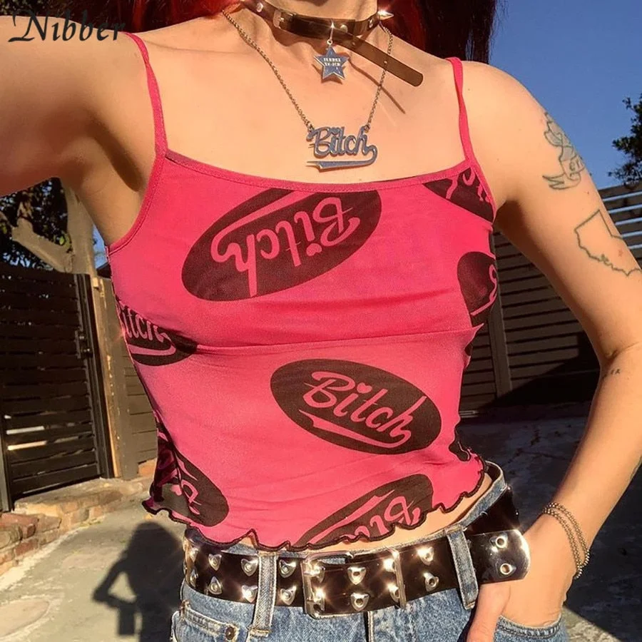 Nibber Indie Aesthetic Ruffle Camisole Women Chic Y2K Mesh Suspenders Streetwear 2021Skinny E-girl See-Through Club Crop Tops