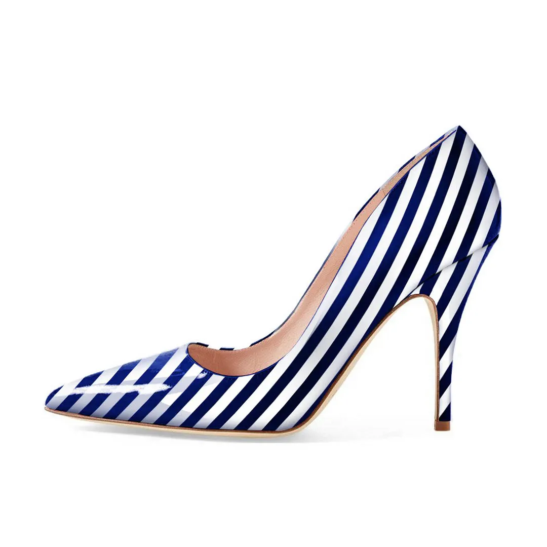 Blue & White Patent Leather Stripes Pointed Toe Pumps Heels