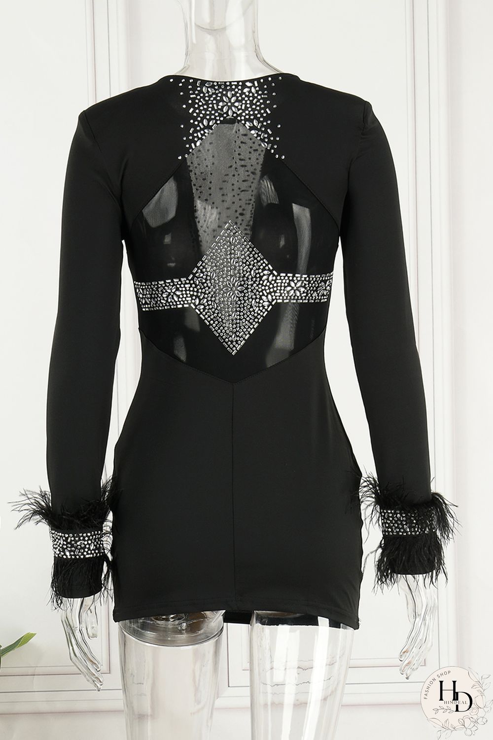 Black Sexy Hot Drilling Patchwork Hot Drill O Neck Sheath Dresses