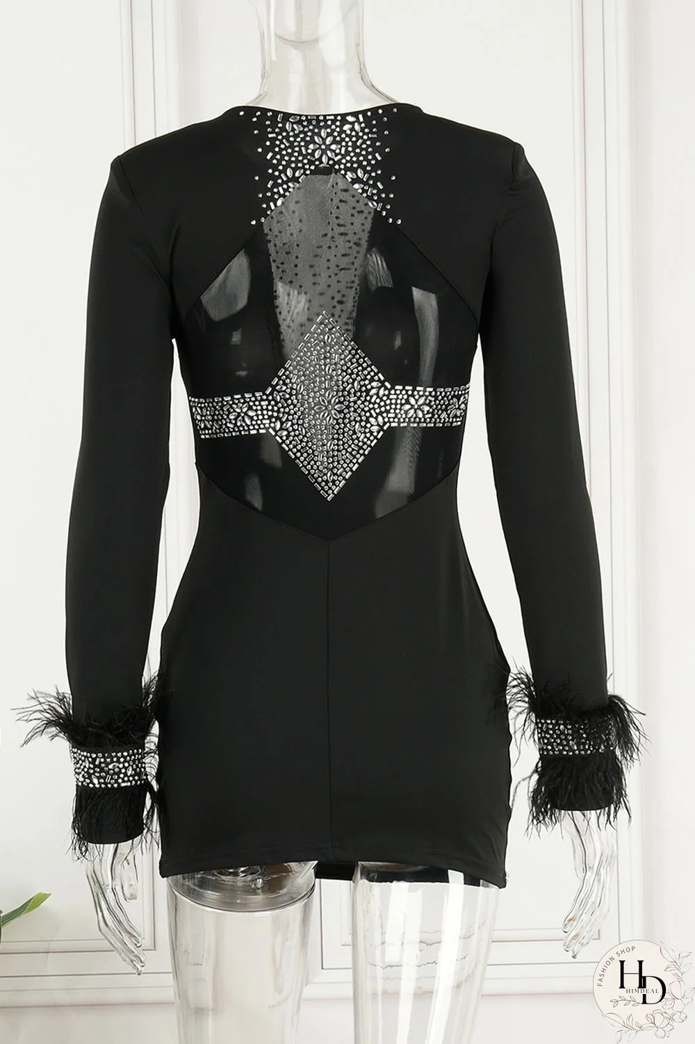 Black Sexy Hot Drilling Patchwork Hot Drill O Neck Sheath Dresses