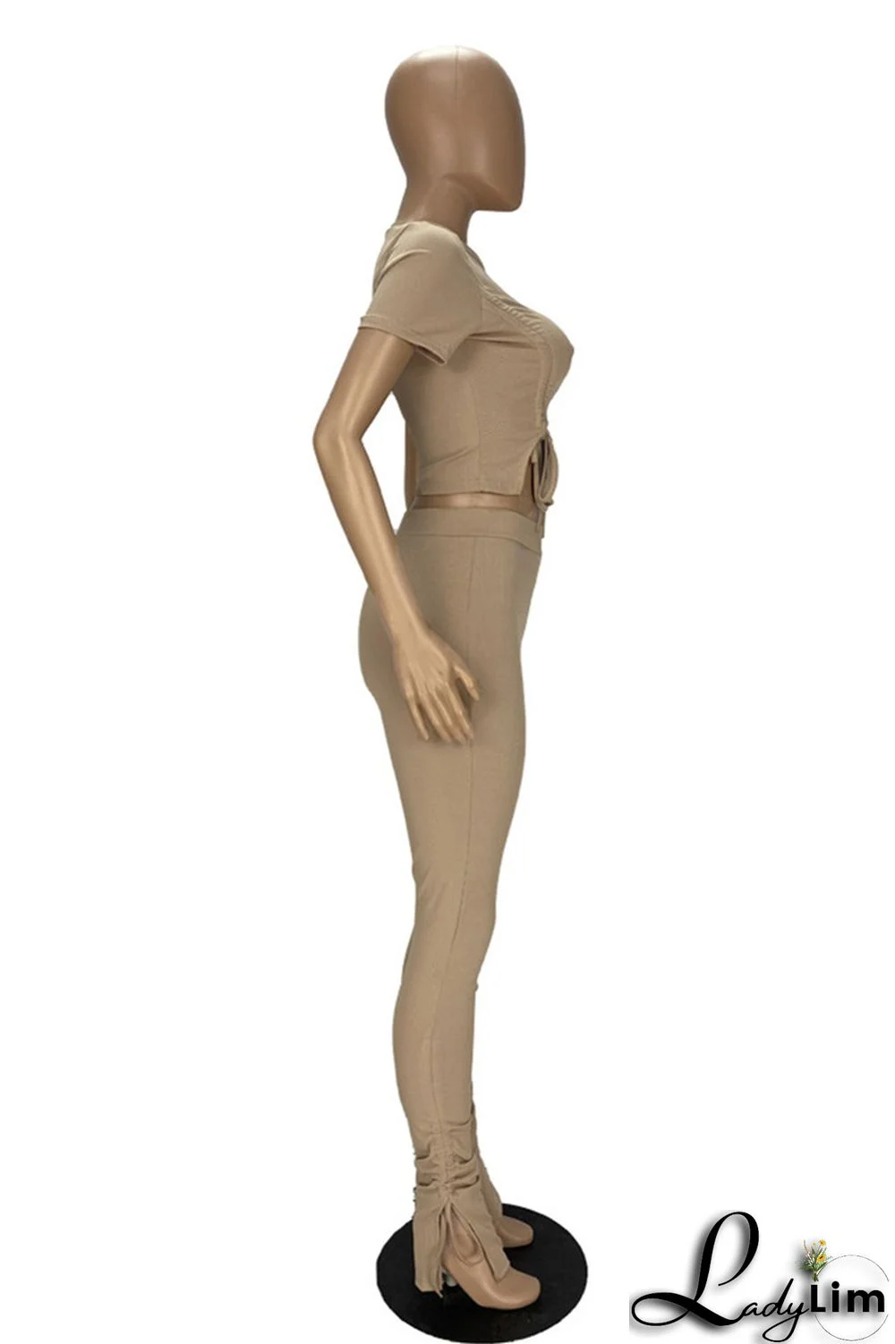 Khaki Fashion Casual Solid Draw String Frenulum O Neck Short Sleeve Two Pieces